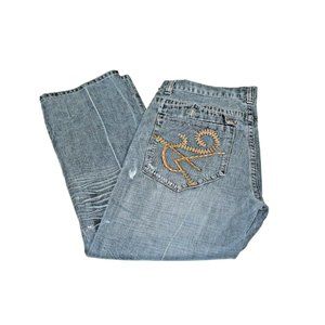 Fusai Jeans 42 X 31 Distressed Wrinkled Whiskered Embroidered Streetwear Blue
